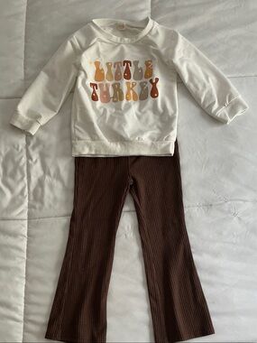 Little Turkey Cream Graphic Sweatshirt with Brown Ribbed Pants